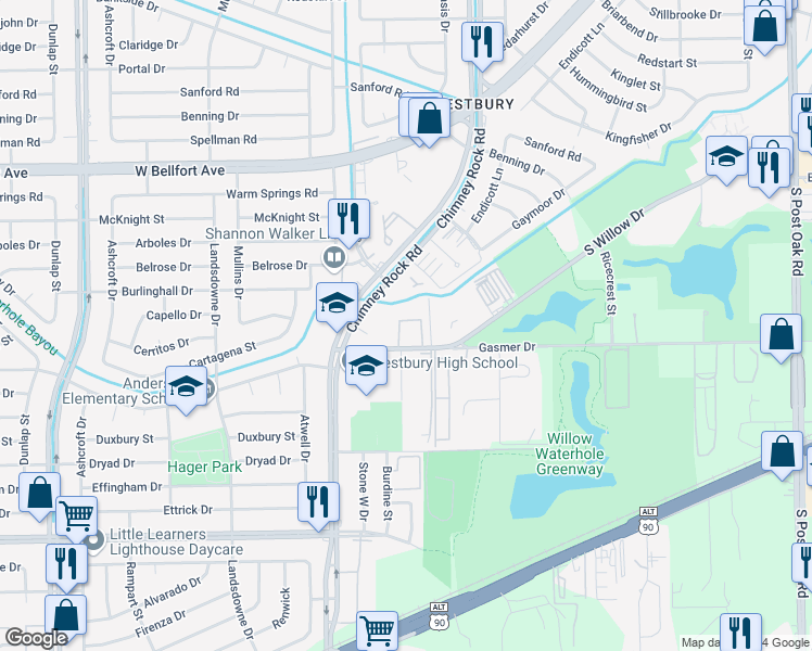 map of restaurants, bars, coffee shops, grocery stores, and more near 5570 Gasmer Drive in Houston