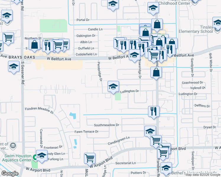 map of restaurants, bars, coffee shops, grocery stores, and more near 7819 Coachwood Drive in Houston