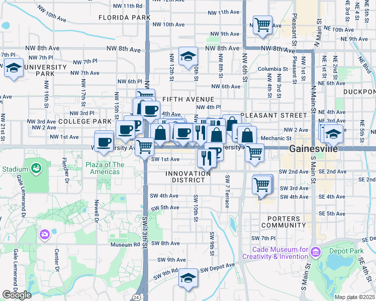 map of restaurants, bars, coffee shops, grocery stores, and more near in Gainesville
