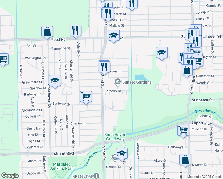 map of restaurants, bars, coffee shops, grocery stores, and more near 4127 Barberry Drive in Houston
