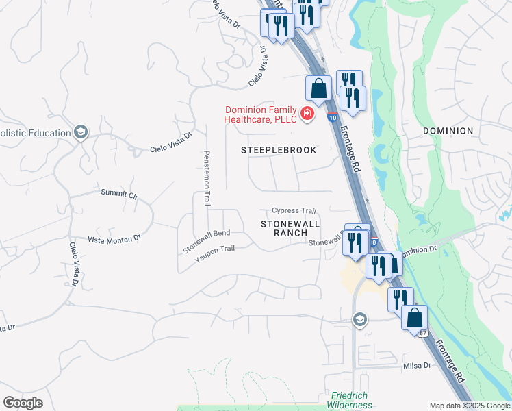 map of restaurants, bars, coffee shops, grocery stores, and more near 614 Cypress Trail in San Antonio