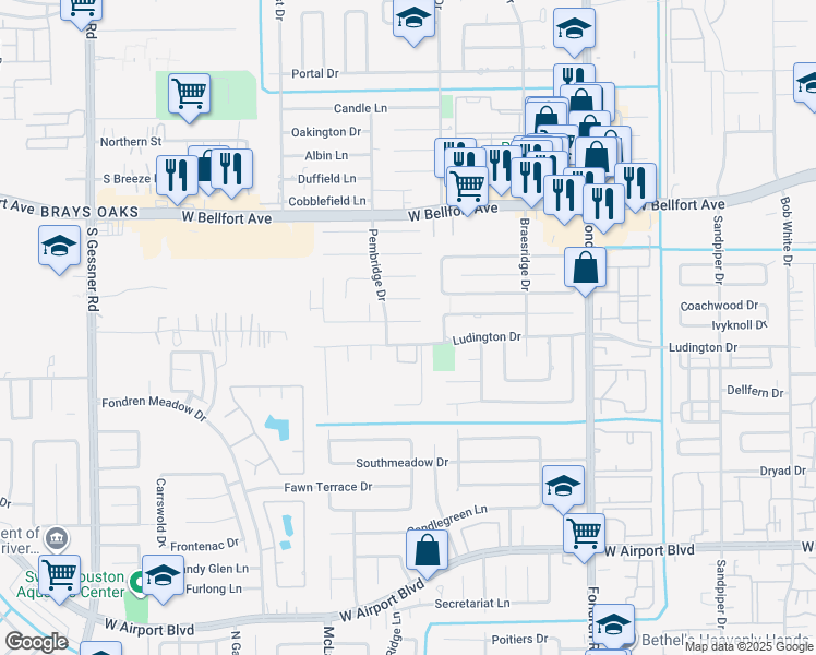 map of restaurants, bars, coffee shops, grocery stores, and more near 7819 Coachwood Drive in Houston