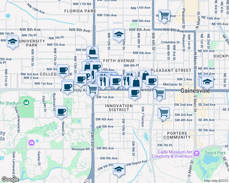 map of restaurants, bars, coffee shops, grocery stores, and more near 1115 Florida 24 in Gainesville