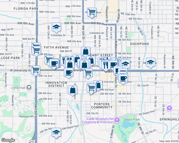 map of restaurants, bars, coffee shops, grocery stores, and more near 491 West University Avenue in Gainesville