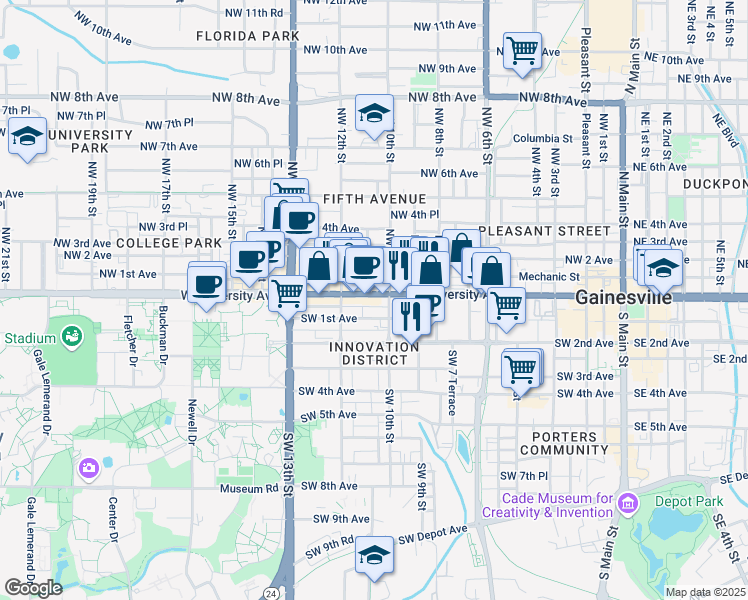 map of restaurants, bars, coffee shops, grocery stores, and more near in Gainesville