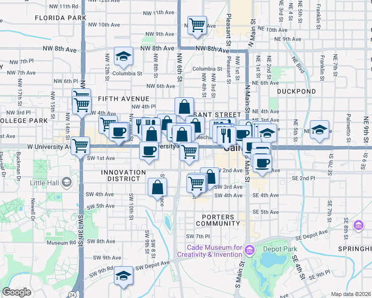 map of restaurants, bars, coffee shops, grocery stores, and more near 491 West University Avenue in Gainesville