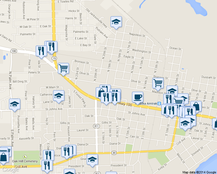 map of restaurants, bars, coffee shops, grocery stores, and more near 1819 Madison Street in Palatka
