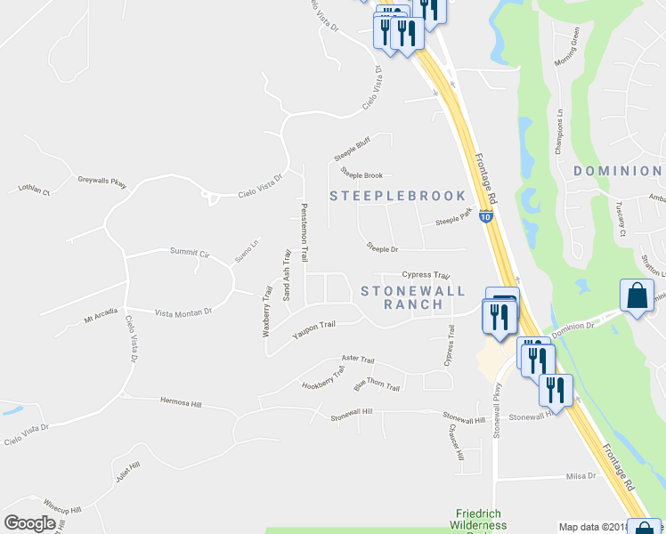 map of restaurants, bars, coffee shops, grocery stores, and more near 510 Senna Trail in San Antonio