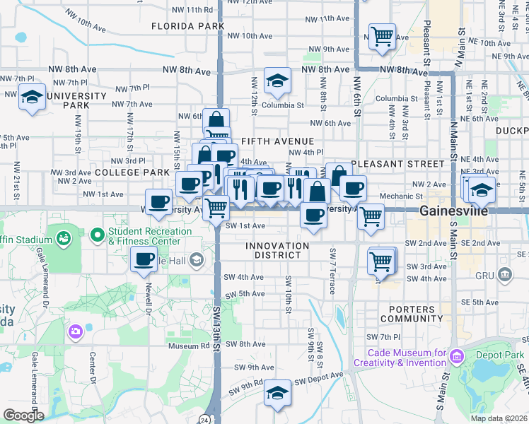 map of restaurants, bars, coffee shops, grocery stores, and more near 1111 West University Avenue in Gainesville