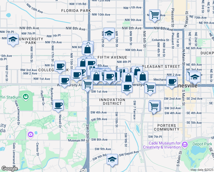 map of restaurants, bars, coffee shops, grocery stores, and more near 1111 West University Avenue in Gainesville