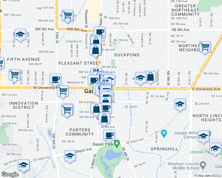 map of restaurants, bars, coffee shops, grocery stores, and more near 213 East University Avenue in Gainesville