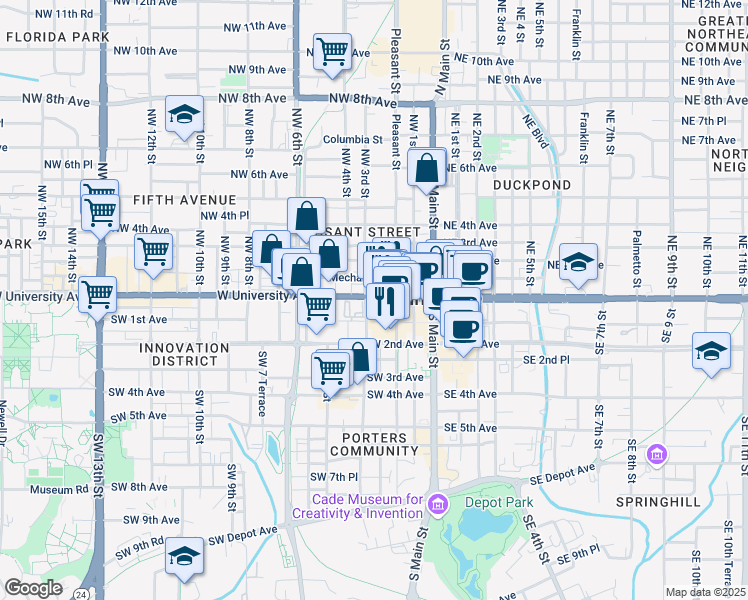 map of restaurants, bars, coffee shops, grocery stores, and more near 239 Florida 24 in Gainesville