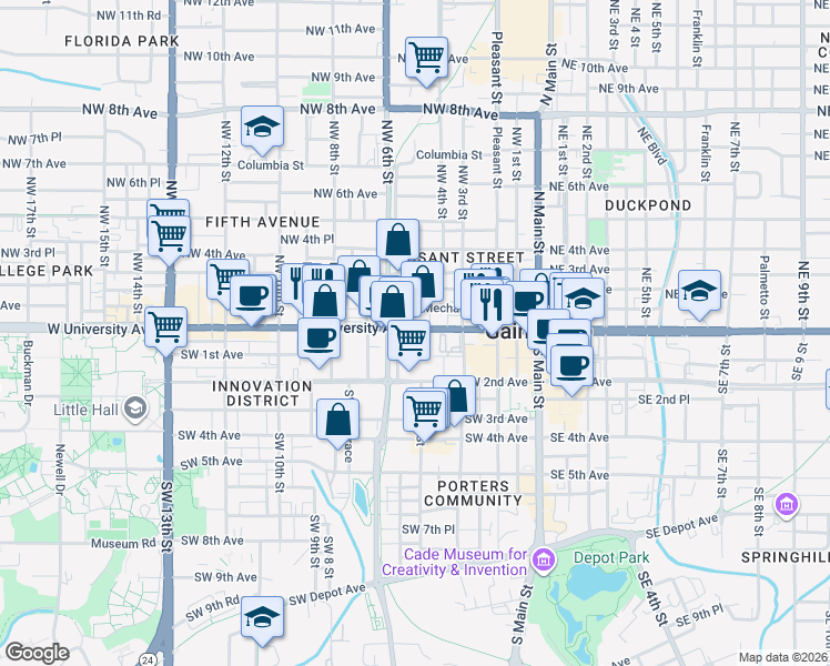 map of restaurants, bars, coffee shops, grocery stores, and more near 1 Southwest 5th Terrace in Gainesville