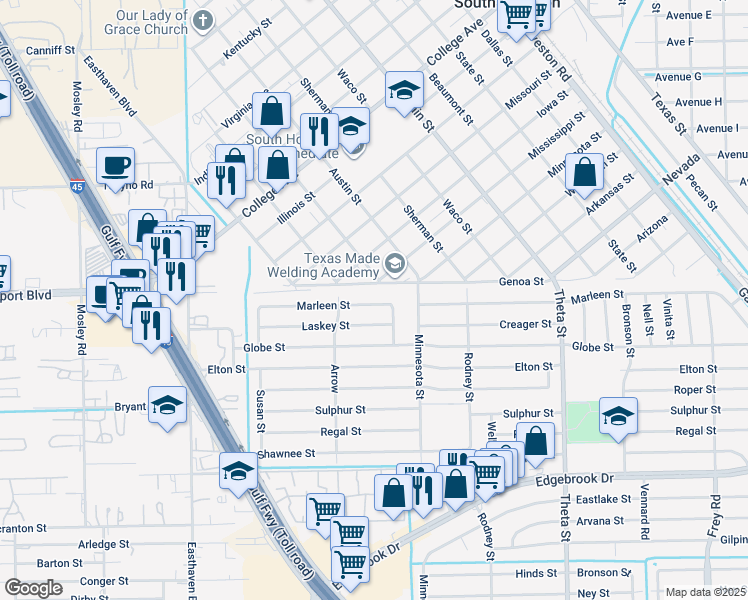 map of restaurants, bars, coffee shops, grocery stores, and more near 1127 Marleen Street in Houston