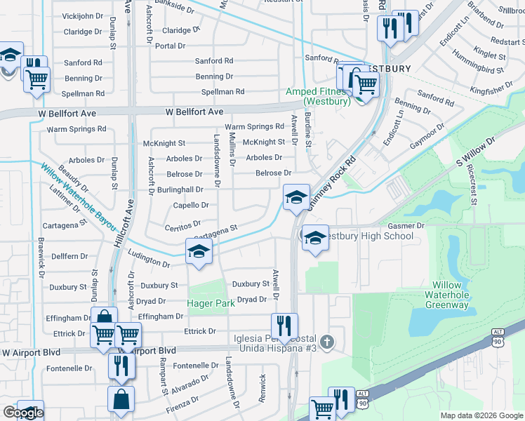 map of restaurants, bars, coffee shops, grocery stores, and more near 5611 Cerritos Drive in Houston