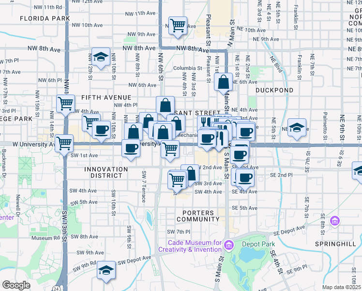 map of restaurants, bars, coffee shops, grocery stores, and more near 413 Florida 24 in Gainesville