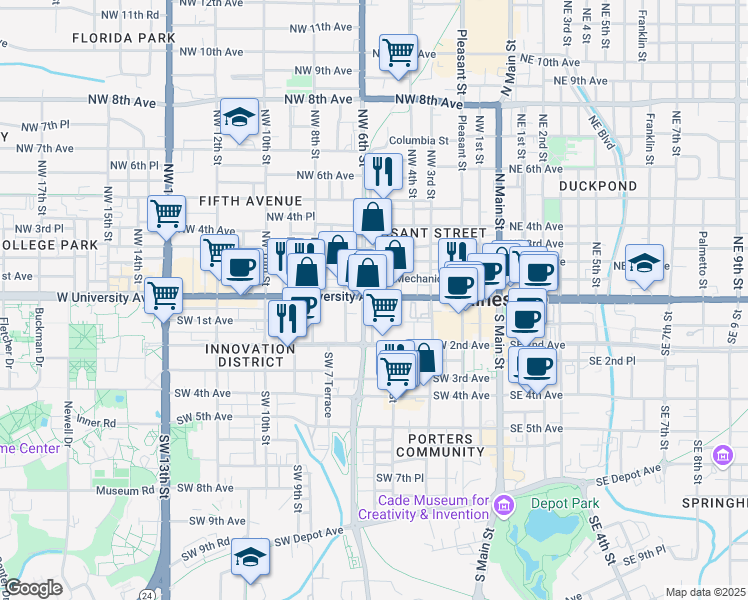 map of restaurants, bars, coffee shops, grocery stores, and more near 1 Southwest 5th Terrace in Gainesville