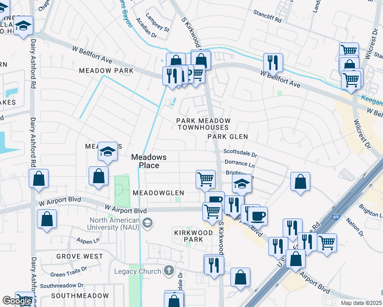 map of restaurants, bars, coffee shops, grocery stores, and more near 11807 Scottsdale Dr in Stafford