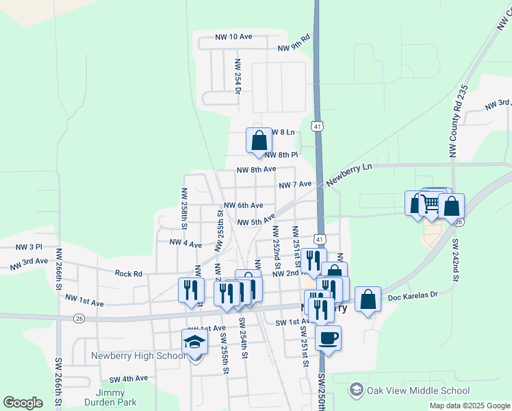 map of restaurants, bars, coffee shops, grocery stores, and more near 598 Northwest 253 Street in Newberry