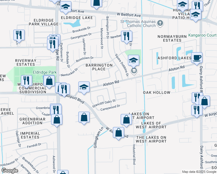 map of restaurants, bars, coffee shops, grocery stores, and more near 2022 Chattaroy Place in Sugar Land