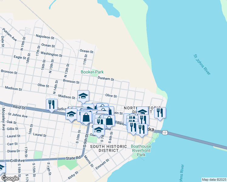 map of restaurants, bars, coffee shops, grocery stores, and more near 513 North 7th Street in Palatka
