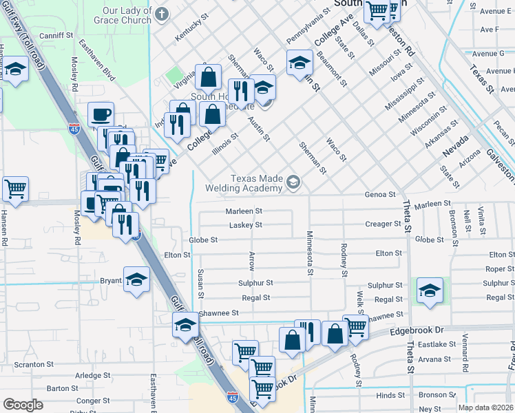 map of restaurants, bars, coffee shops, grocery stores, and more near 1231 Marleen Street in Houston