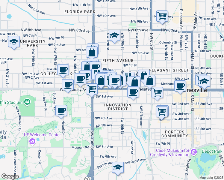 map of restaurants, bars, coffee shops, grocery stores, and more near 1115 Florida 24 in Gainesville