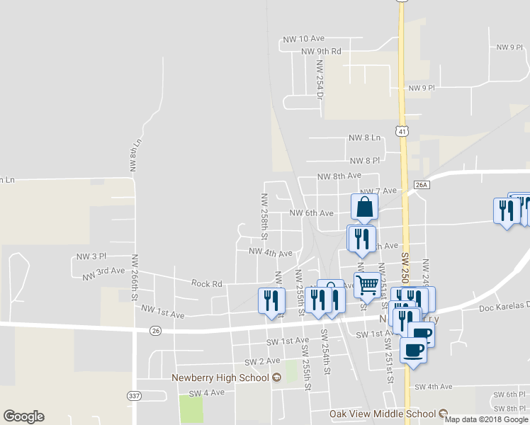 map of restaurants, bars, coffee shops, grocery stores, and more near 25729 Hodge Avenue in Newberry