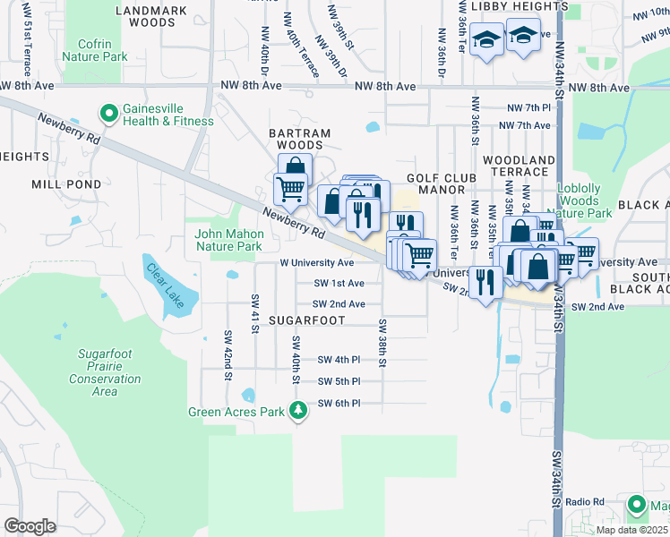 map of restaurants, bars, coffee shops, grocery stores, and more near 3909 West University Avenue in Gainesville