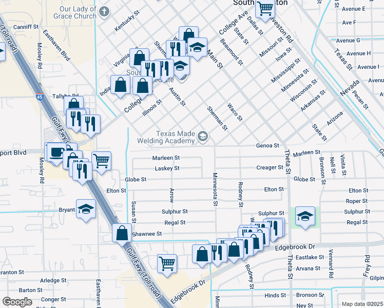 map of restaurants, bars, coffee shops, grocery stores, and more near 1127 Marleen Street in Houston