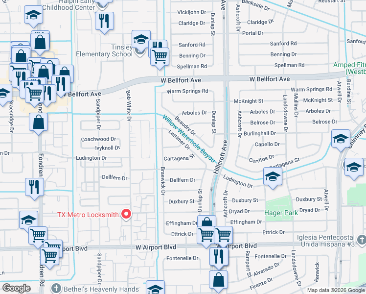map of restaurants, bars, coffee shops, grocery stores, and more near 5951 Lattimer Drive in Houston
