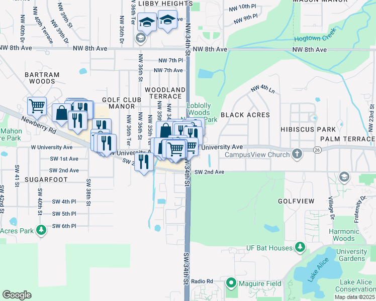 map of restaurants, bars, coffee shops, grocery stores, and more near 2 SW 34th St in Gainesville