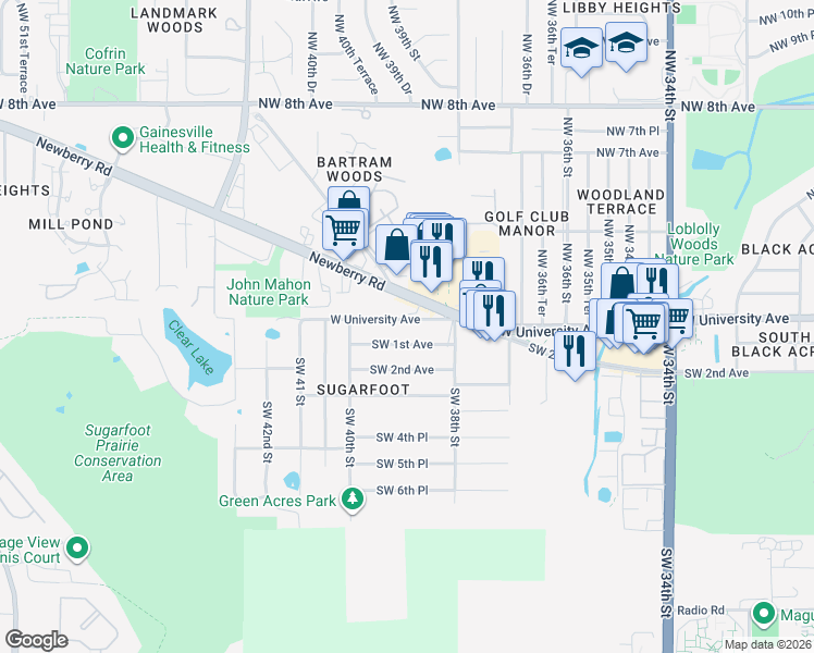 map of restaurants, bars, coffee shops, grocery stores, and more near 3909 West University Avenue in Gainesville