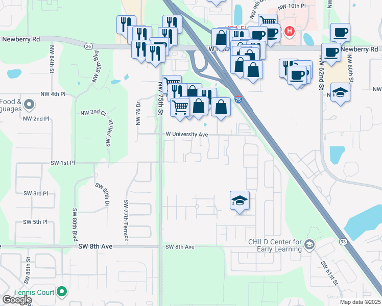 map of restaurants, bars, coffee shops, grocery stores, and more near 7301 West University Avenue in Gainesville