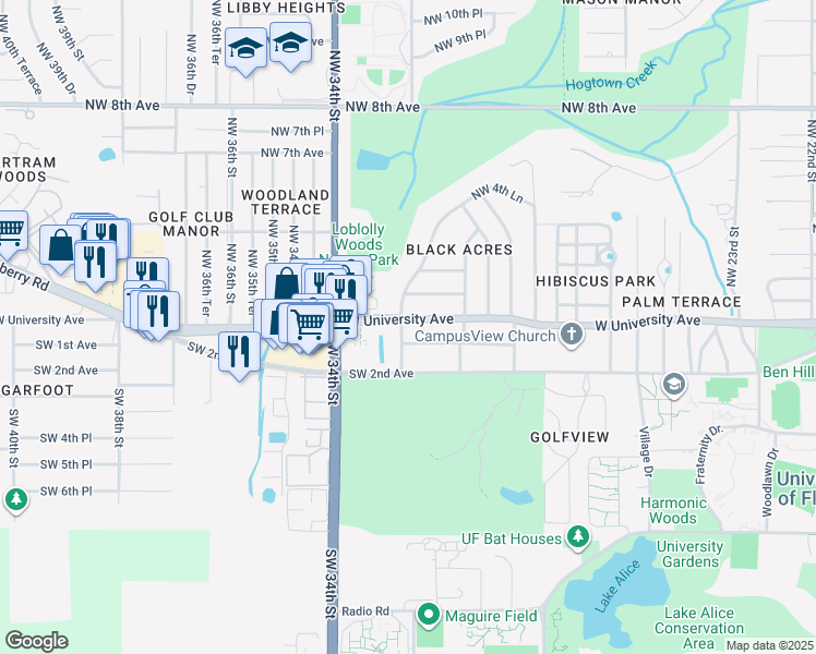 map of restaurants, bars, coffee shops, grocery stores, and more near 3125 West University Avenue in Gainesville