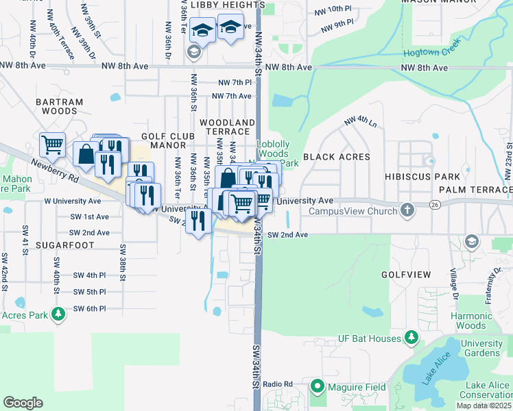 map of restaurants, bars, coffee shops, grocery stores, and more near 2 Southwest 34th Street in Gainesville