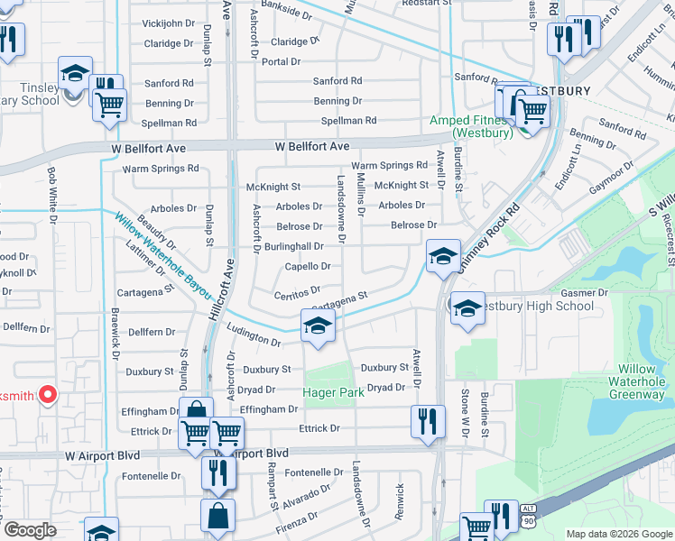 map of restaurants, bars, coffee shops, grocery stores, and more near 5703 Capello Drive in Houston