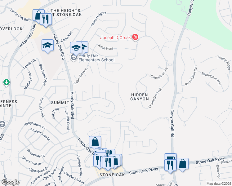 map of restaurants, bars, coffee shops, grocery stores, and more near 423 Mesa Canyon in San Antonio