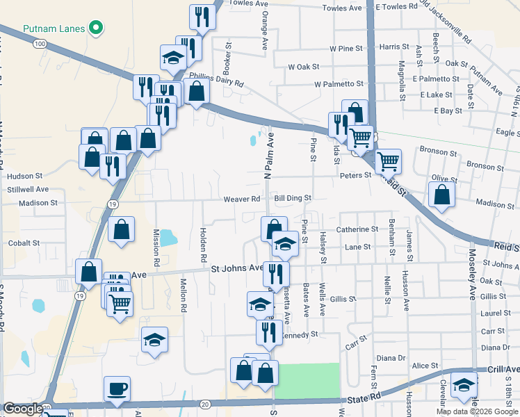 map of restaurants, bars, coffee shops, grocery stores, and more near 3204 Ross Circle in Palatka