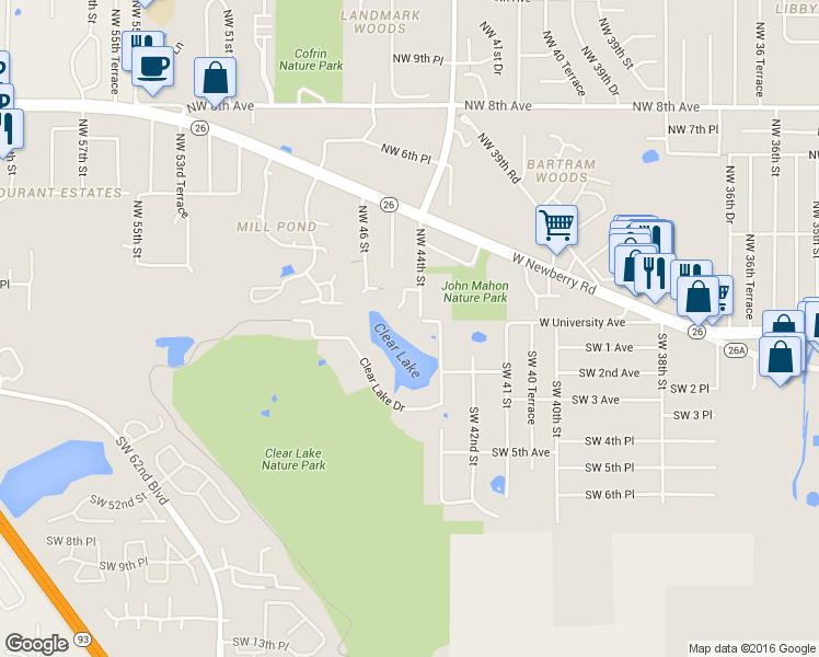 map of restaurants, bars, coffee shops, grocery stores, and more near 4331 West University Avenue in Gainesville