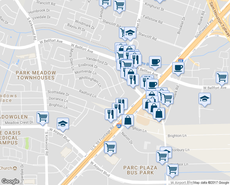 map of restaurants, bars, coffee shops, grocery stores, and more near 10811 Ensbrook Drive in Houston