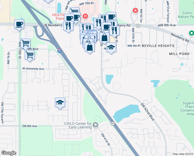 map of restaurants, bars, coffee shops, grocery stores, and more near 126 Southwest 62nd Street in Gainesville