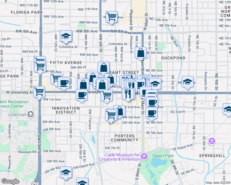 map of restaurants, bars, coffee shops, grocery stores, and more near 413 Florida 24 in Gainesville