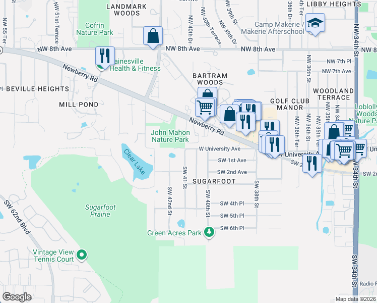 map of restaurants, bars, coffee shops, grocery stores, and more near 5 Southwest 40 Terrace in Gainesville