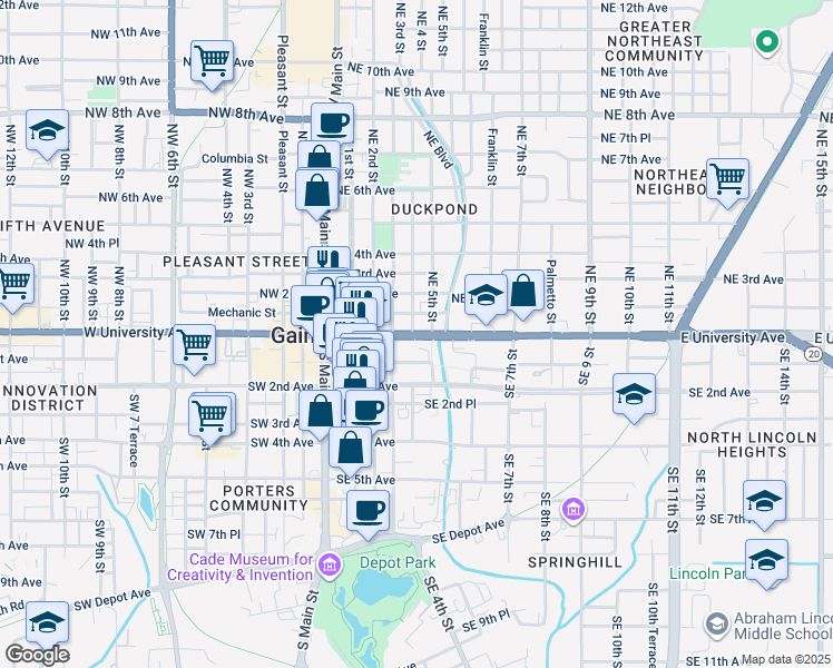 map of restaurants, bars, coffee shops, grocery stores, and more near 400 Northeast State Road 24 in Gainesville