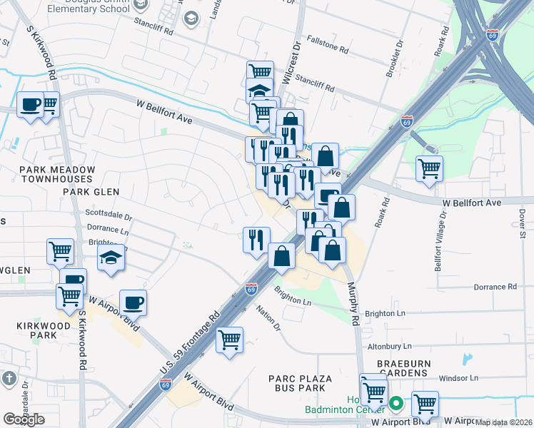 map of restaurants, bars, coffee shops, grocery stores, and more near 10806 Vanderford Drive in Houston