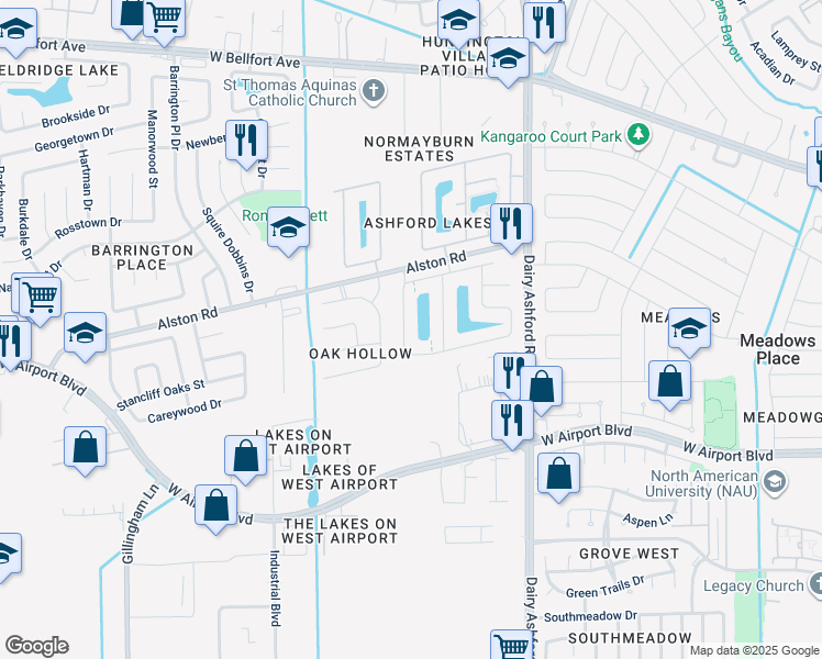 map of restaurants, bars, coffee shops, grocery stores, and more near 11447 Ashford Haven Drive in Sugar Land