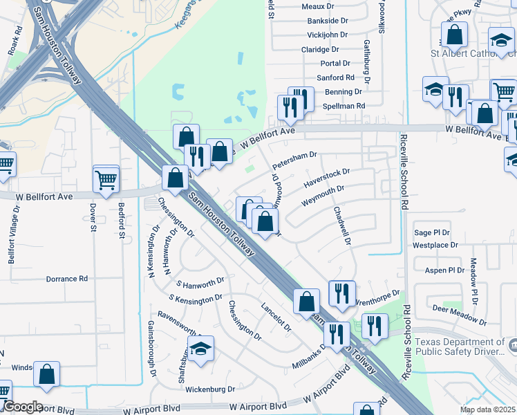 map of restaurants, bars, coffee shops, grocery stores, and more near 11915 Manorgate Drive in Houston