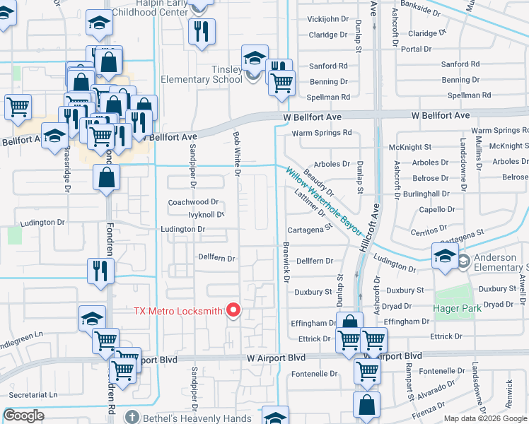map of restaurants, bars, coffee shops, grocery stores, and more near 11702 S Bowlan Ln in Houston