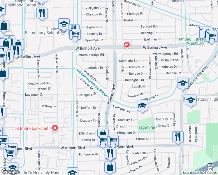 map of restaurants, bars, coffee shops, grocery stores, and more near 11615 Dunlap Street in Houston